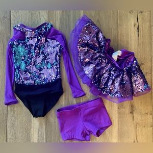 Weissman leotard, shorts and tutu - purple/turquoise sequins - size SC (S/6/6X)